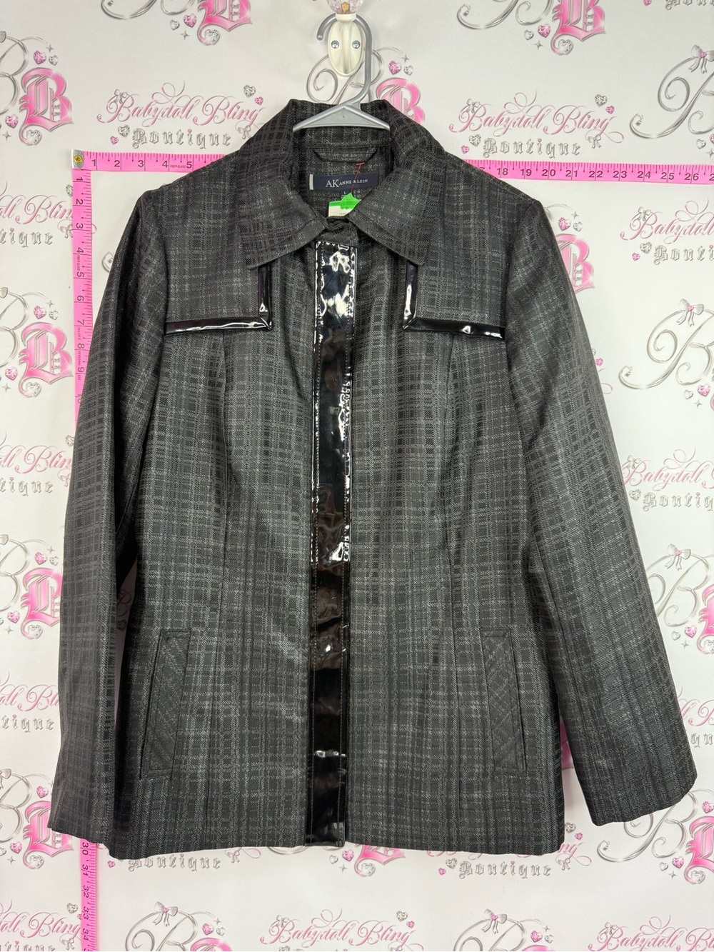 Anne Klein jacket coat shiny Black and Gray Herringbone Jacket with Patent Trim